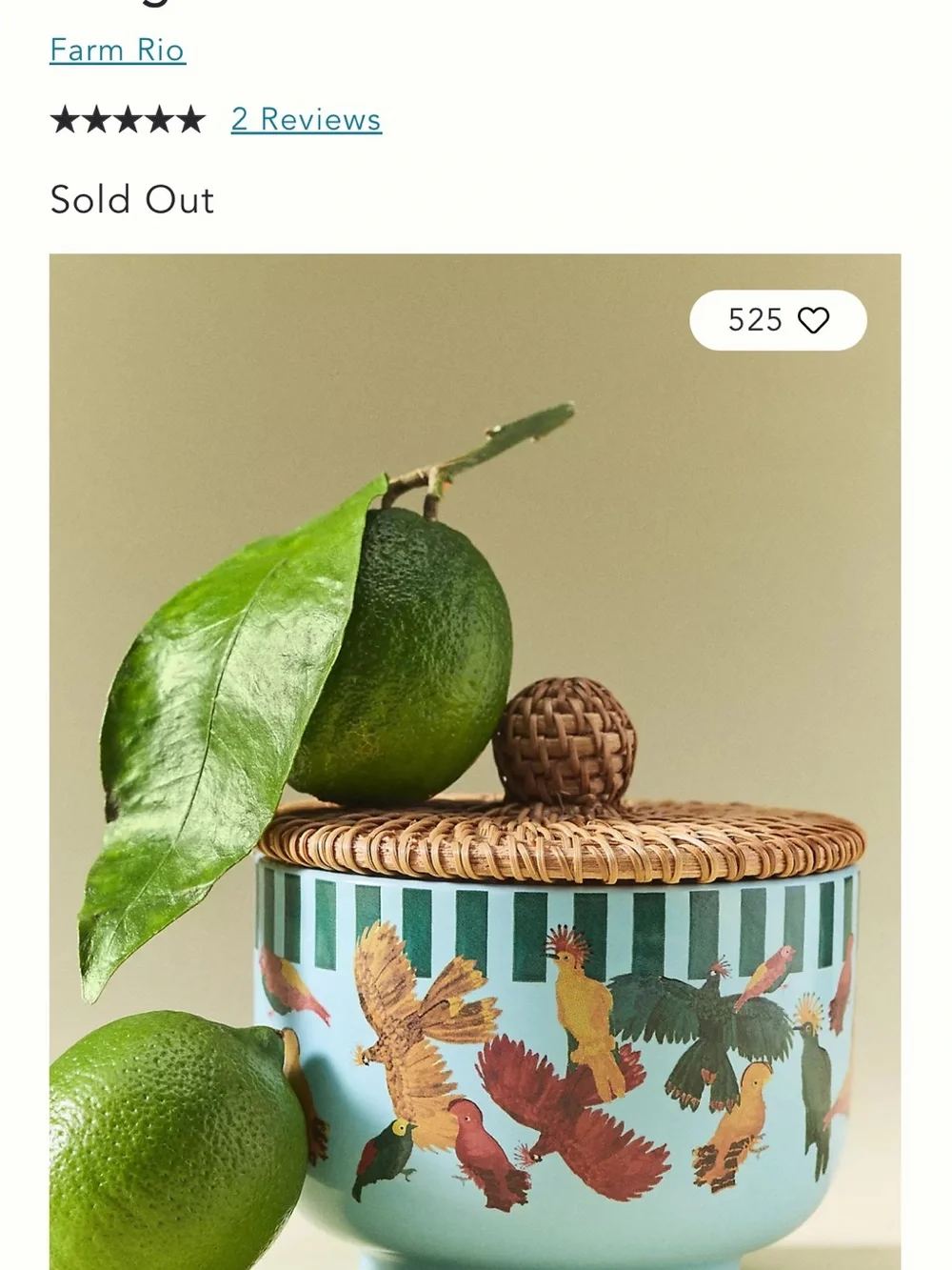 FARM Rio Green Ceramic Candle Bowl with Yellow Interior and Multicolor Parrots